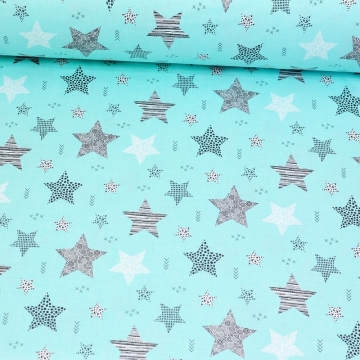 STARS šedé a bílé hvězdy (cca 7,5cm) na tyrkysovém podkladě