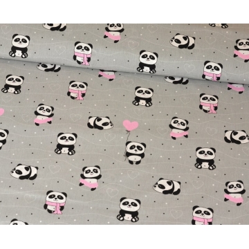 Panda s růžovým balónkem na šedém podkladě